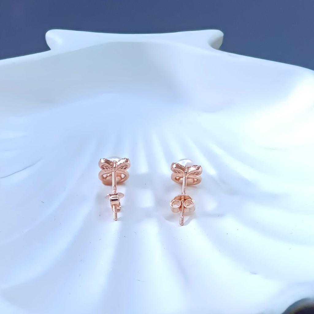 Rose Gold Pearl Bow Studs