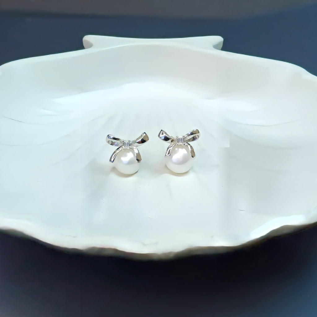 Sterling Silver Bow & Pearl Drops Earrings