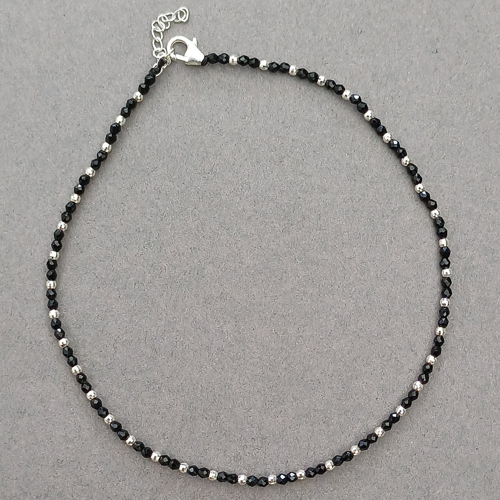 Dainty Black Beaded Silver Chain Anklet