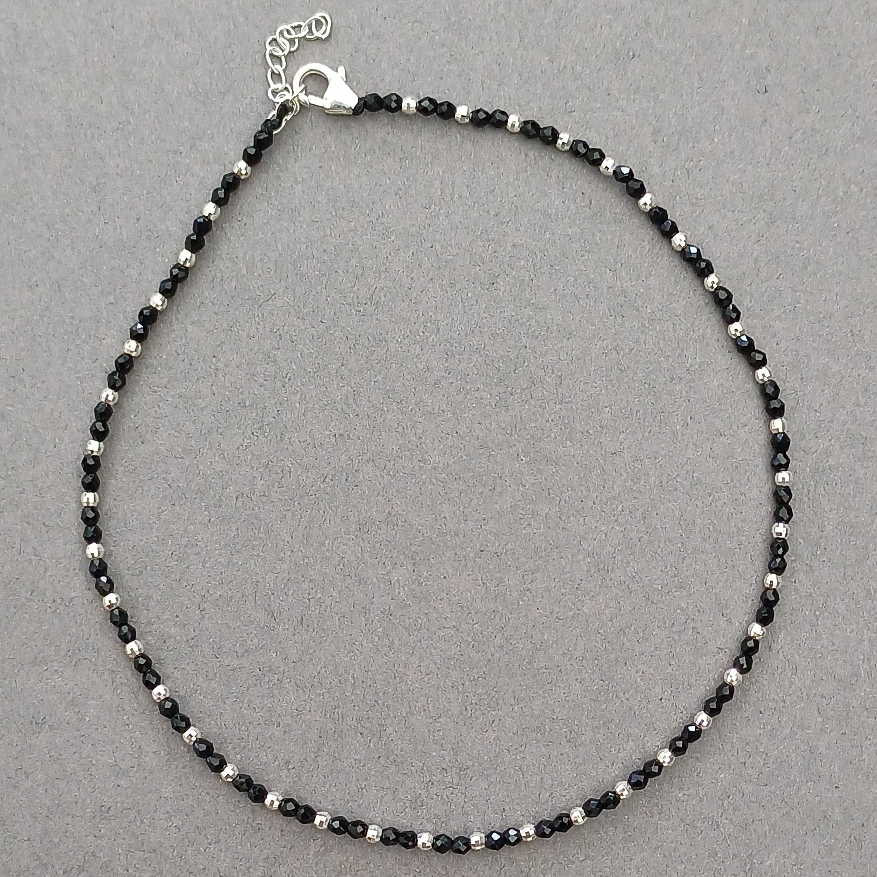 Dainty Black Beaded Silver Chain Anklet