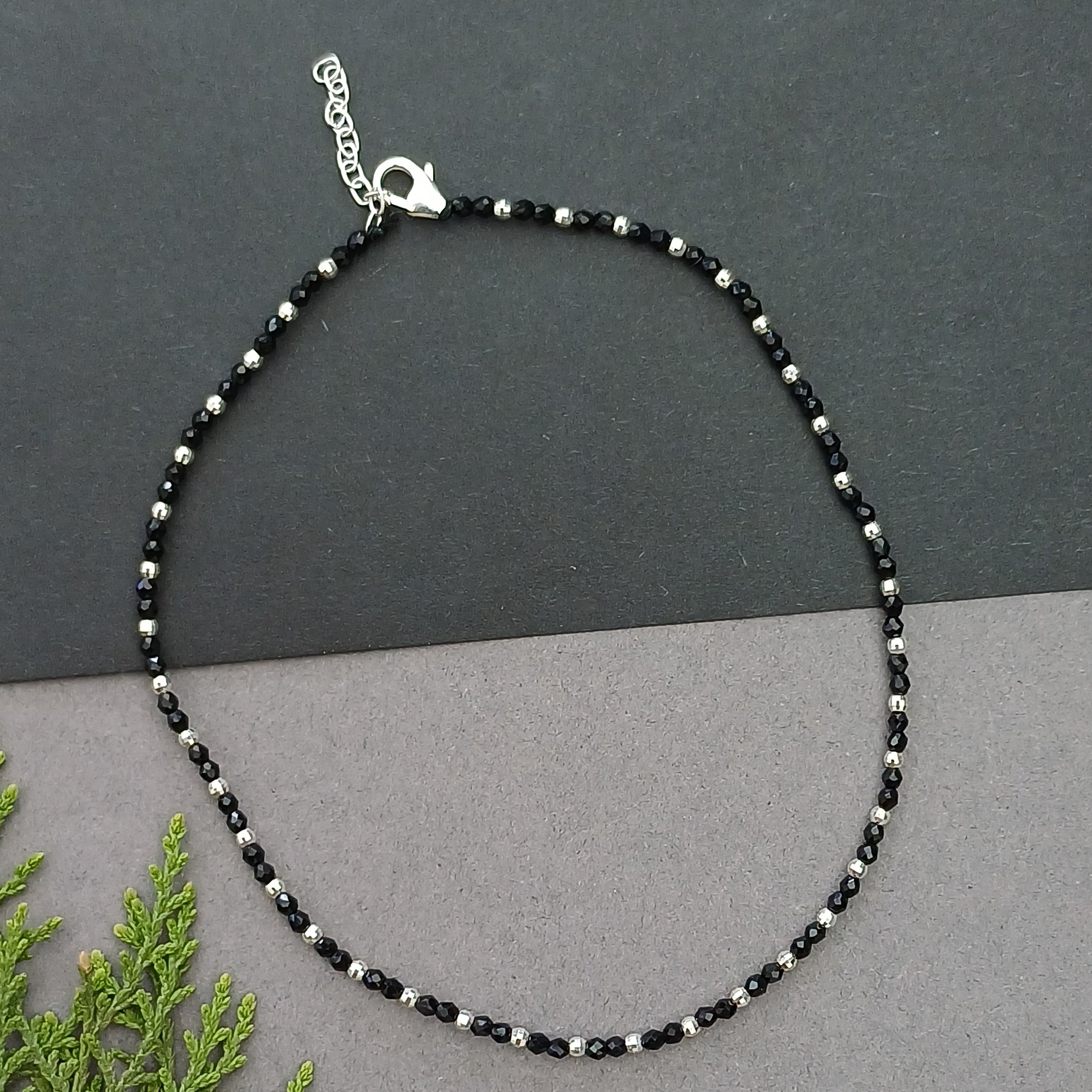 Dainty Black Beaded Silver Chain Anklet