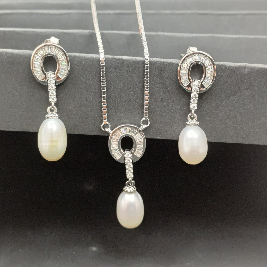 Arch Pearl Drop Sterling Silver Necklace Set