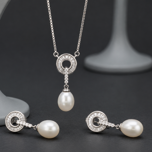 Arch Pearl Drop Sterling Silver Necklace Set