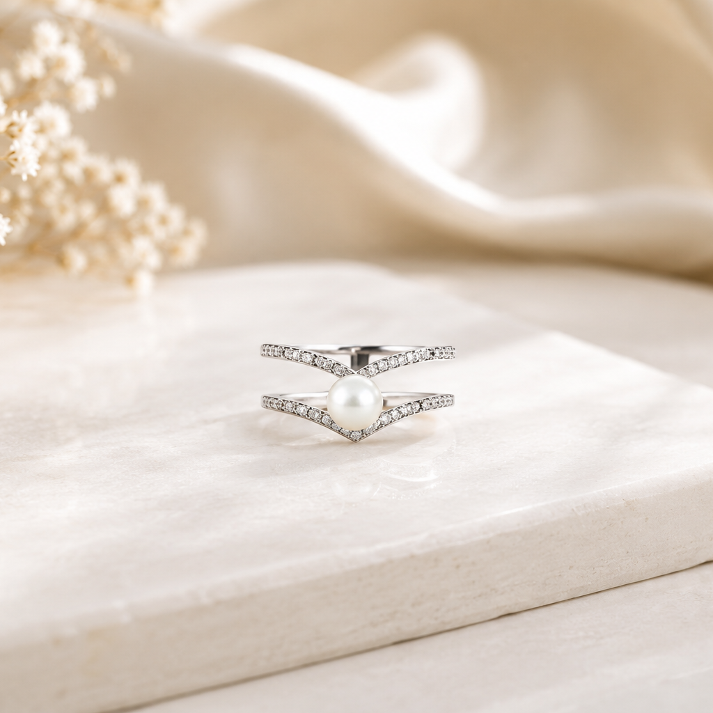 Sterling Silver Double Wishbone Pearl Ring