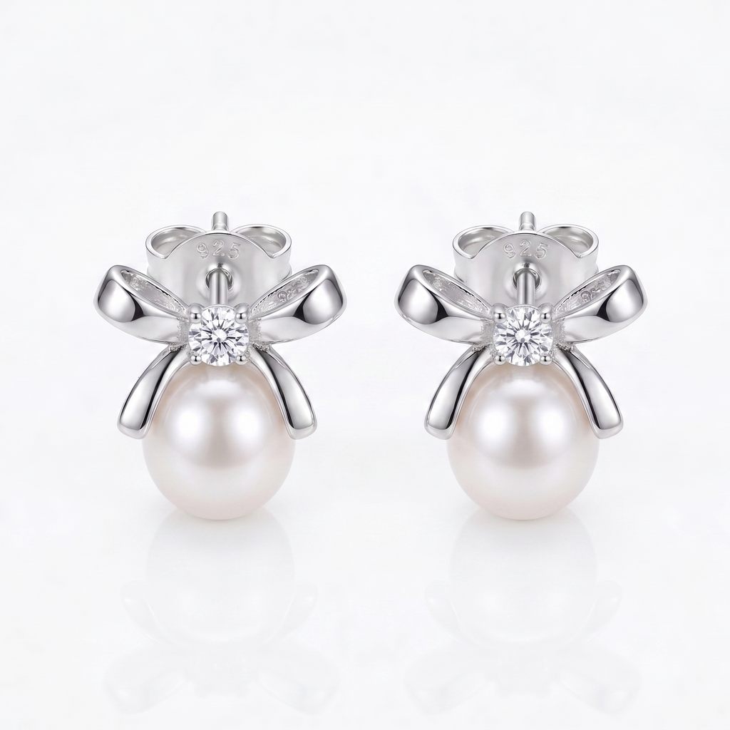 Sterling Silver Bow & Pearl Drops Earrings