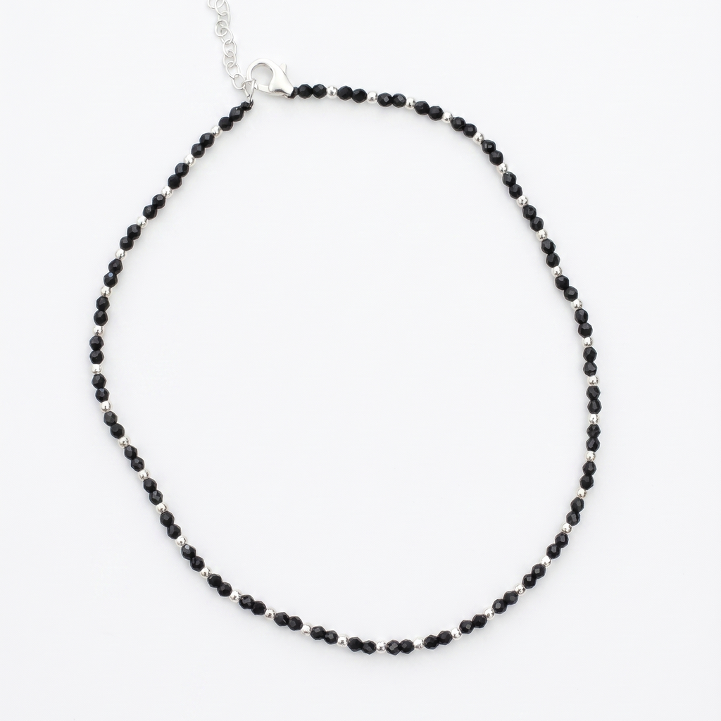 Dainty Black Beaded Silver Chain Anklet
