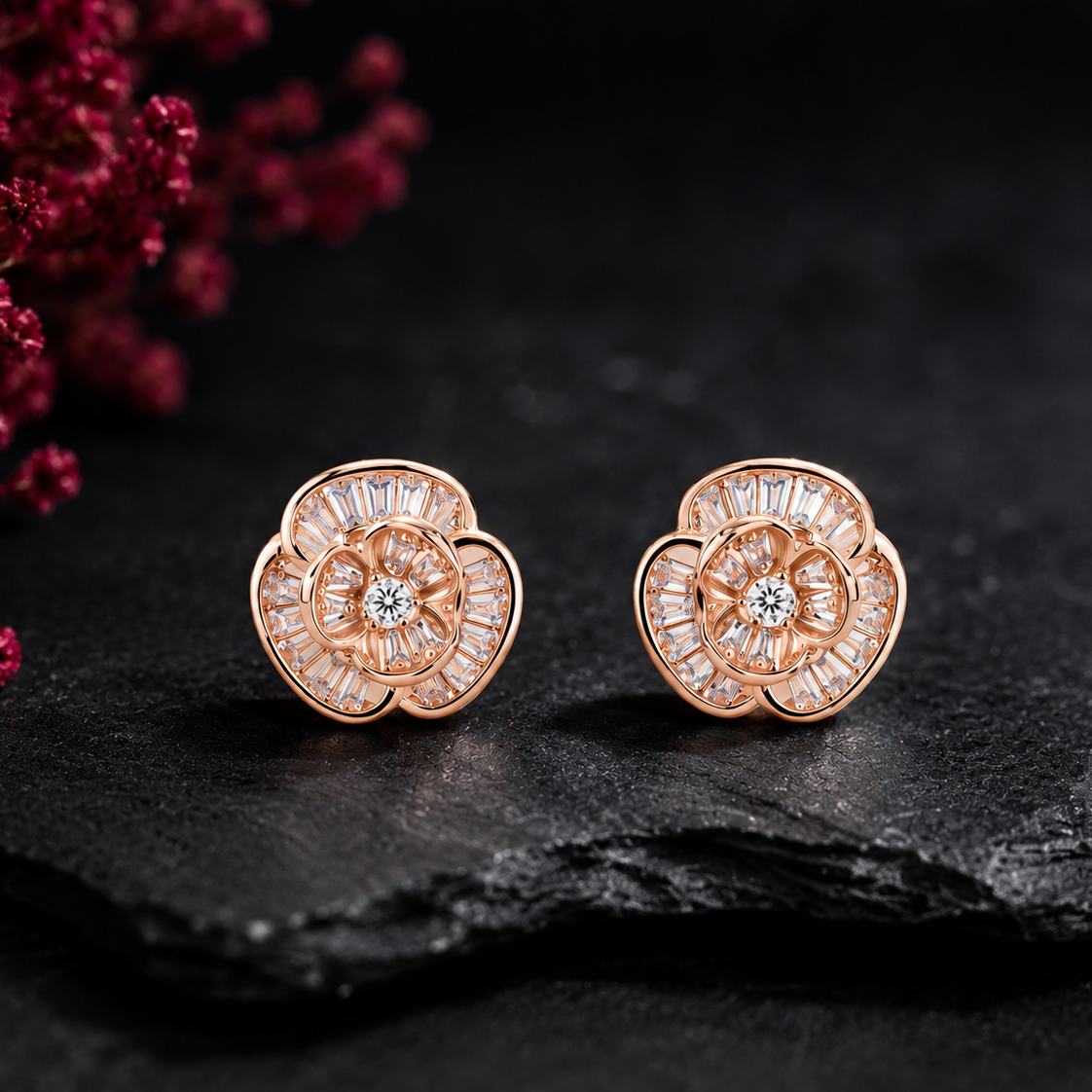 Frosted Lily Rose Gold Plated Earrings