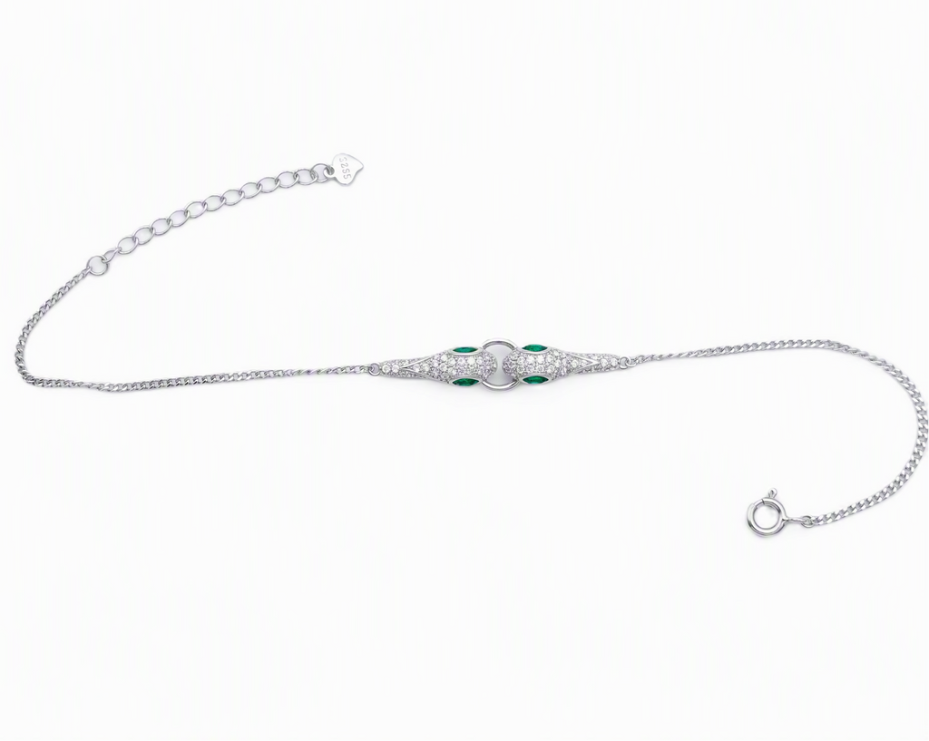 Emerald-Eyed Pave Serpent Sterling Silver Bracelet
