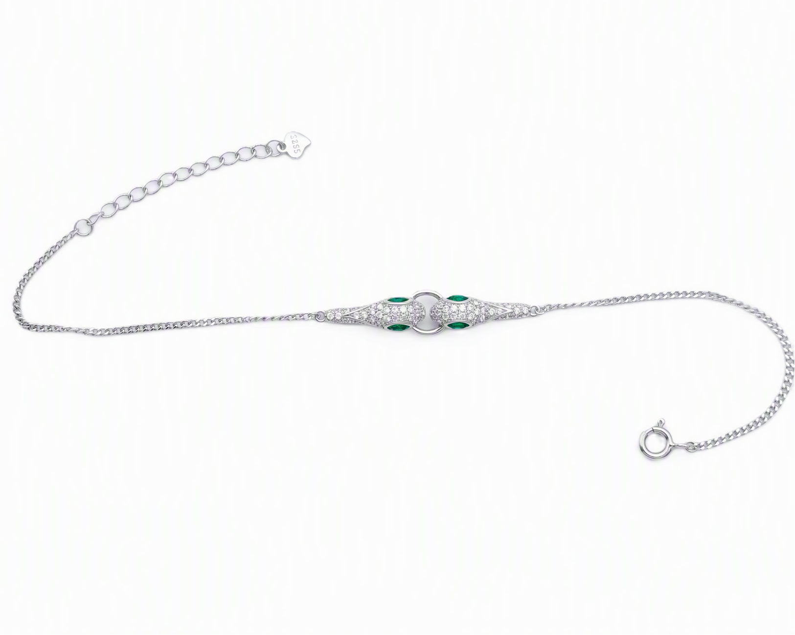 Emerald-Eyed Pave Serpent Sterling Silver Bracelet
